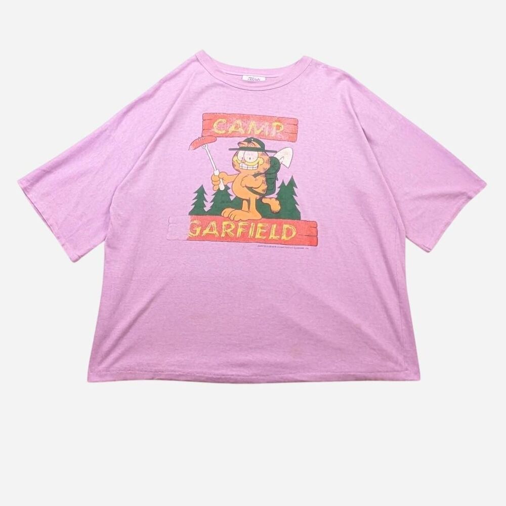 Vintage 70s Camp Garfield Faded Pink Purple Boxy Tshirt Flirts Brand Size XL
